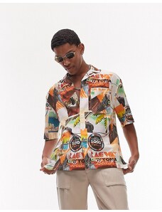 Topman - Camicia comoda a maniche corte con stampa Palm Beach multicolore