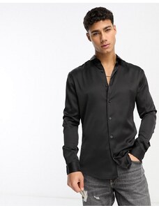 ASOS DESIGN - Camicia skinny in raso nera-Black