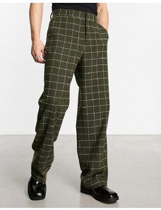 ASOS DESIGN - Pantaloni eleganti ampi a vita alta in misto lana verde bosco a quadri larghi
