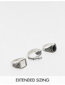 ASOS DESIGN - Confezione da 3 anelli avvolgenti e con pietra semipreziosa color argento brunito