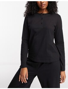 ASOS DESIGN - Mix & Match - Top del pigiama a maniche lunghe nero in cotone con collo serafino-Black