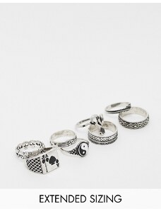 ASOS DESIGN - Confezione da 8 anelli con Yin-Yang e serpente in argento brunito