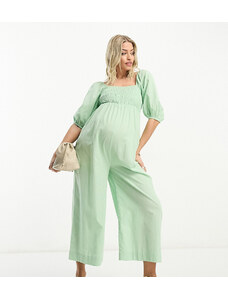 ASOS Maternity ASOS DESIGN Maternity - Tuta jumpsuit effetto lino arricciato con maniche a sbuffo color salvia-Verde