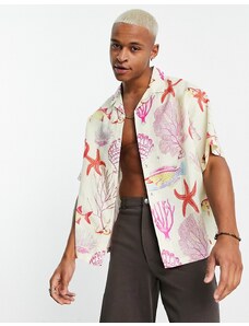 ASOS DESIGN - Camicia oversize squadrata in misto lino con rever e stampa di pesci e stelle marine-Multicolore