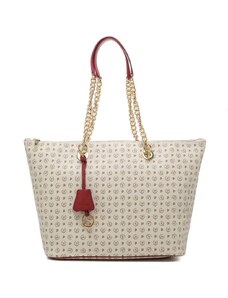 Pollini borsa shopping donna heritage in pelle avorio con manici a catena e charm rosso
