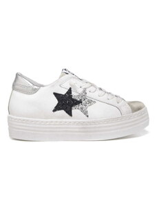 2 Star sneakers donna platform con stelle glitter bianco argento nero