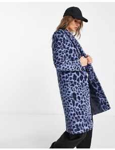 Helene Berman - Cappotto stile college in misto lana blu con stampa animalier