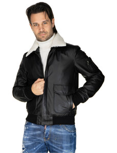 Leather Trend Pilota - Bomber Uomo Nero in vera pelle con collo in vero montone bianco