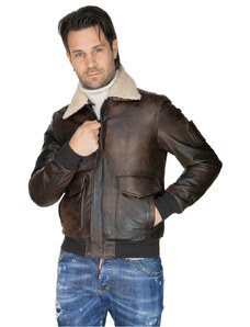 Leather Trend Pilota - Bomber Uomo Testa di Moro in vera pelle con collo in vero montone cuoio