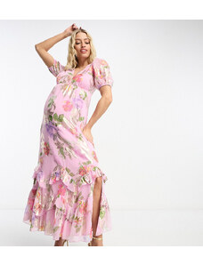 ASOS Maternity ASOS DESIGN Maternity - Vestito lungo in lurex rosa con stampa di rose e volant sul fondo-Multicolore