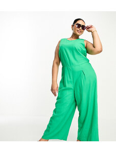 Vero Moda Curve - Tuta jumpsuit in lino verde a pieghe sul davanti con fondo ampio e allacciatura sul retro