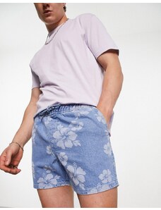 ASOS DESIGN - Pantaloncini di jeans taglio corto con stampa di fiori-Blu
