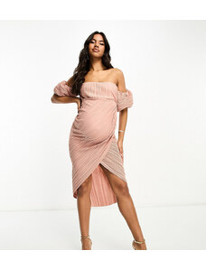 ASOS Maternity ASOS DESIGN Maternity - Vestito midi a portafoglio rosa tenue plissé con spalle scoperte