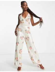 Miss Selfridge Premium - Tuta jumpsuit a fondo ampio avorio decorata con fiori-Bianco