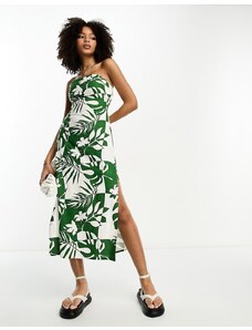 ASOS DESIGN - Prendisole midi a fascia in lino verde con cut-out sul retro e stampa tropicale astratta-Multicolore