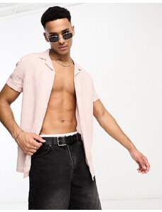 ASOS DESIGN - Camicia comoda in lino rosa con rever e maniche arrotolate