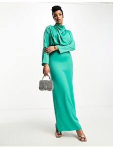 ASOS DESIGN Modest - Vestito lungo accollato in raso verde gioiello a pieghe con maniche lunghe