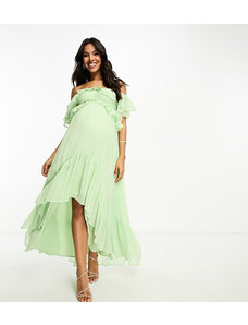 ASOS Maternity ASOS DESIGN Maternity - Vestito lungo verde salvia a spalle scoperte con cut-out, volant e fondo asimmetrico