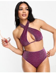 ASOS DESIGN - Top bikini allacciato e incrociato al collo mix and match rosa glitterato