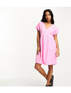 Pieces Petite - Vestito corto rosa in lino con scollo a V