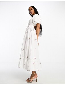 Miss Selfridge - Vestito lungo in popeline color avorio a balze ricamato con fiocco sul retro-Bianco