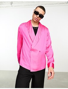 ASOS DESIGN - Camicia a maniche lunghe doppiopetto in raso rosa fluo con colletto sciallato