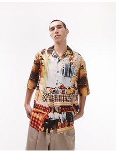 Topman - Camicia a maniche corte comoda con rever e stampa multicolore di caffetteria