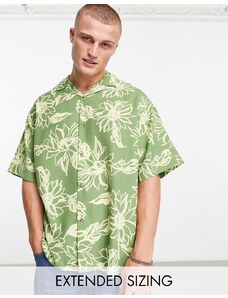 ASOS DESIGN - Camicia oversize squadrata verde con rever e stampa di girasoli stilizzata