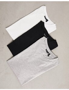 ASOS DESIGN - Confezione da 3 T-shirt girocollo con maniche arrotolate bianca, grigio mélange e nera-Multicolore