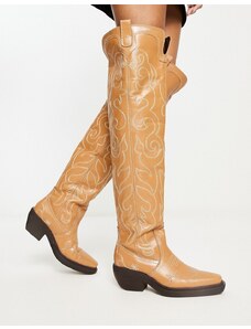 ASOS DESIGN - Cuba - Stivali al ginocchio stile western color cammello in pelle premium con cuciture astratte-Brown