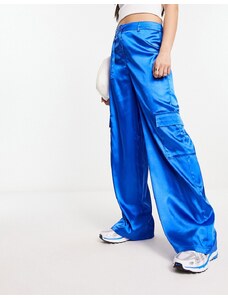 Urban Threads - Pantaloni cargo a fondo ampio in raso cobalto-Blu