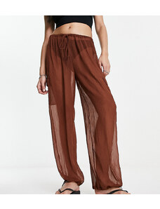 ASYOU - Pantaloni in tessuto stropicciato trasparente con fondo arricciato color cioccolato-Multicolore