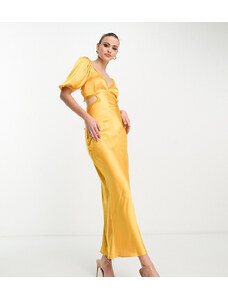ASOS Tall ASOS DESIGN Tall - Vestito lungo modello milkmaid in raso color oro con finiture in pizzo e fascette sul retro