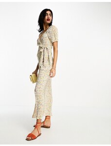 ASOS DESIGN - Vestito midi plissé a portafoglio a fiorellini con allacciatura laterale-Multicolore