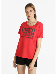Enrico Coveri Sportswear T-shirt Manica Corta Donna Con Scritta e Strass Rosso Taglia L