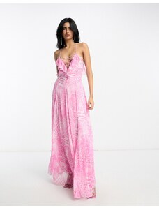 ASOS DESIGN - Vestito con spalline sottili e gonna godet lungo con volant e allacciatura rosa con stampa leopardata sfocata-Multicolore