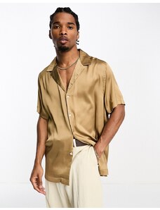 ASOS DESIGN - Camicia maniche corte comoda in raso color bronzo con colletto a rever profondo-Brown