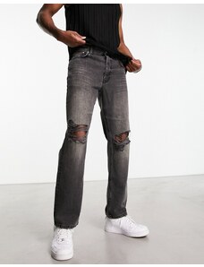 ASOS DESIGN - Jeans dritti nero slavato con strappi