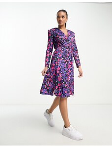 Rebellious Fashion - Vestito midi a portafoglio sul davanti viola rosa e blu a fiori-Multicolore