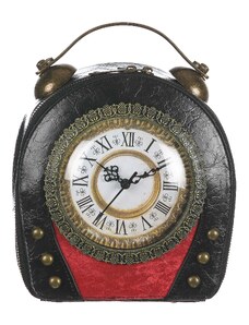 Borsa Queeny Clock con orologio funzionante con tracolla, Cosplay Steampunk, ecopelle, colore nero/rosso, ARIANNA DINI DESIGN