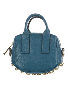 Mini bag a tracolla da donna in vera pelle AMABEL, con borchie, colore BLU, CHIAROSCURO, Made in Italy.