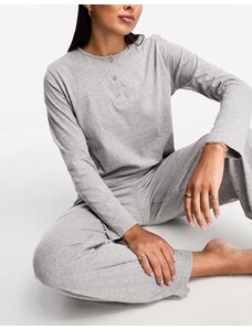 ASOS DESIGN - Mix & Match - Top del pigiama a maniche lunghe grigio mélange in cotone con collo serafino