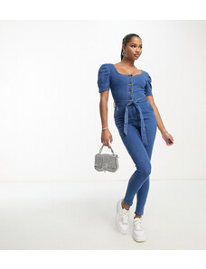 Parisian Petite - Tuta jumpsuit in denim con cintura lavaggio blu medio
