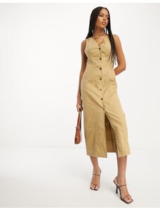 ASOS DESIGN - Vestito midi in twill color cammello con bottoni-Brown