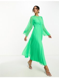 ASOS DESIGN - Vestito midi a pieghe verde allacciato sul retro con maniche svasate