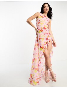 Annorlunda - Vestito lungo in chiffon trasparente rosa pallido con stampa acida sfocata a fiori