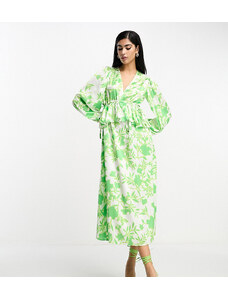 Esclusiva In The Style - Vestito midi verde a fiori con scollo a V e volant in vita-Multicolore