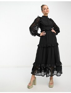 ASOS DESIGN - Vestito lungo a strati arricciato in vita nero trasparente con ricami