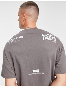 Selected Homme - T-shirt oversize grigia con stampa "Connection" sulla schiena-Grigio