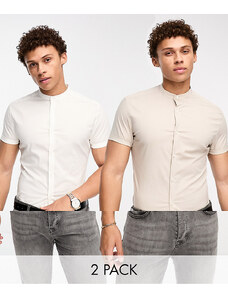 ASOS DESIGN - Confezione da 2 camicie skinny con collo serafino bianca e color talpa-Multicolore